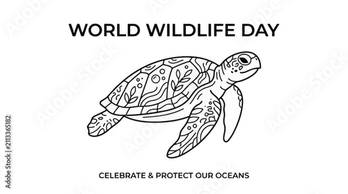 World Wildlife Day illustration with a decorative sea turtle drawing.