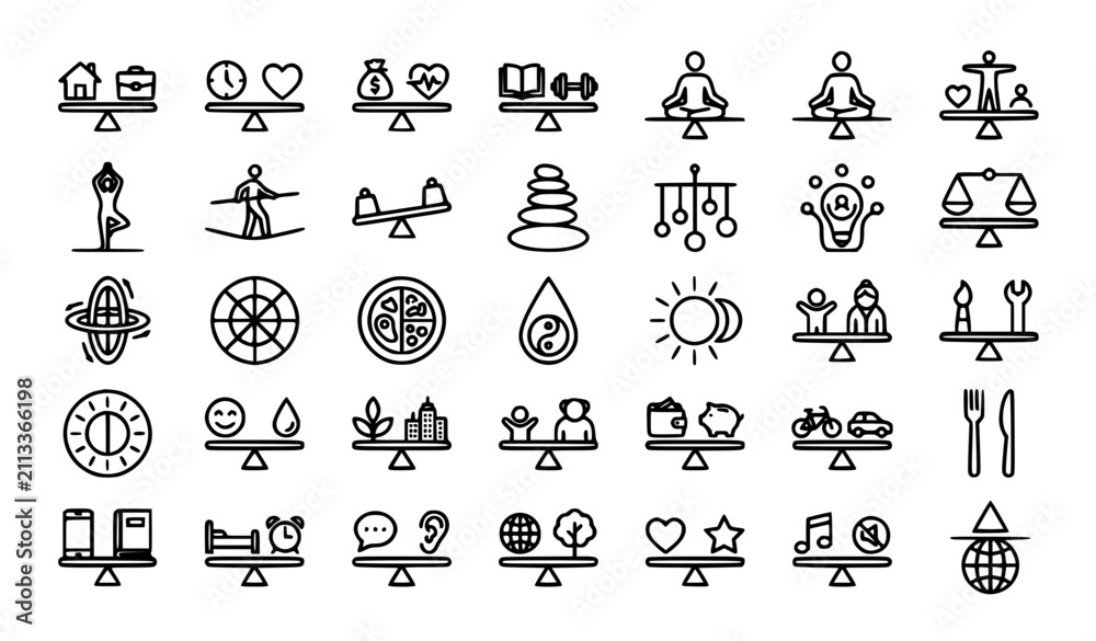 Fototapeta premium Life balance and harmony outline icons | Work life stability wellness equilibrium symbols editable stroke collection on white