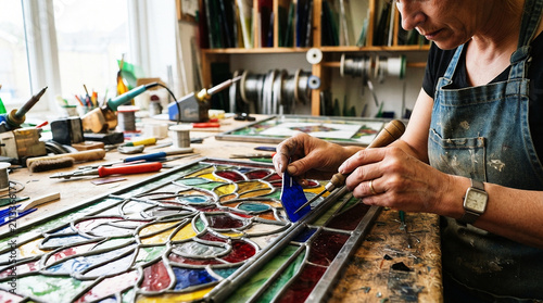 Woman Artisan Creating Stained Glass Window in Workshop