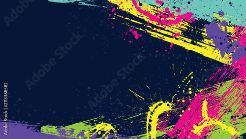The dark background features vibrant, colorful brushstrokes and scattered paint stains.
