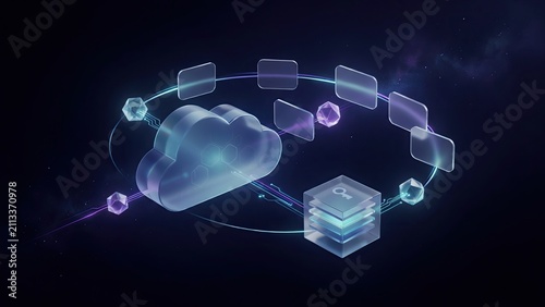 Cloud computing network architecture displays glowing data packets and a server hub for secure digital connection.