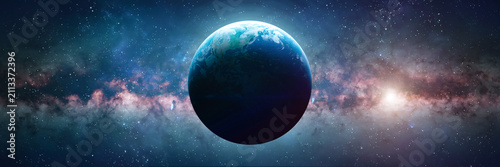 Planet Earth globe in outer space with bright stars and Milky Way galaxy. Sunlight at the dawn of day. Landscape with planet and starry sky. Elements of this image furnished by NASA. Photo collage
