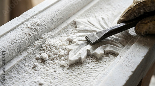 Artisan Hand Carving Intricate Floral Motif in White Stone