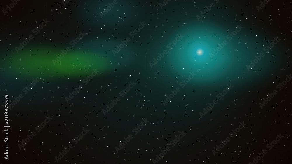 Fototapeta premium Green comet streaking through starry space background isolated on white background