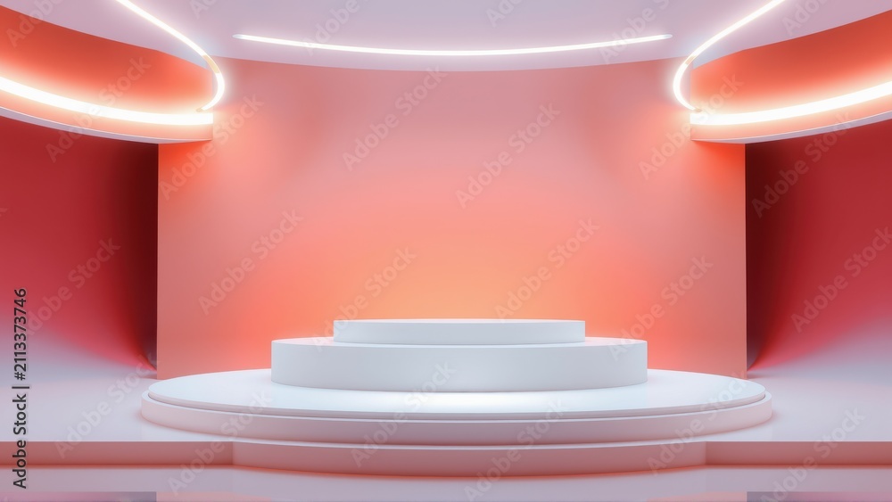 Fototapeta premium Minimalist stage setup. White pedestal illuminated by warm orange, red lighting. Modern design, sleek curves, dark background creates contrast.