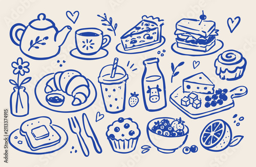 Cute breakfast doodle set hand drawn vector illustration with teapot croissant and berries