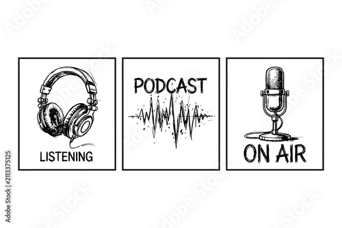 Podcast Audio Illustration Set for Listening Broadcasting Recording and Radio Streaming