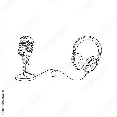 Vintage Microphone Headphones Illustration for Podcast Recording Audio Streaming and Music Production