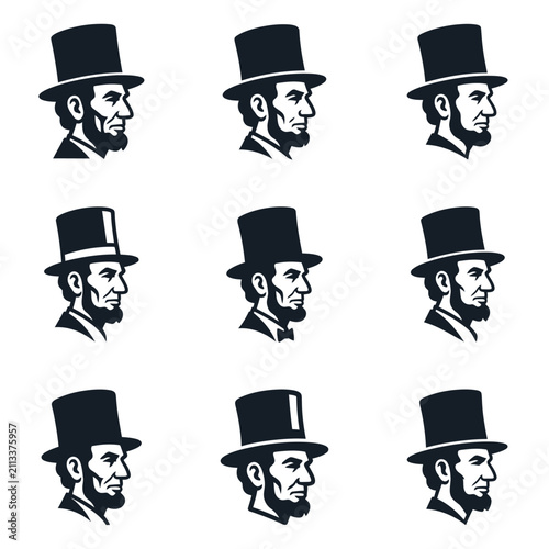 Abraham Lincoln profile vector icons in classic top hat, ideal for education and branding projects