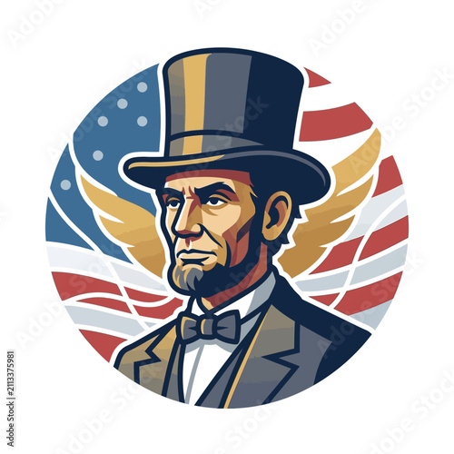 Patriotic Portrait of Abraham Lincoln with American Flag and Wings in Circle