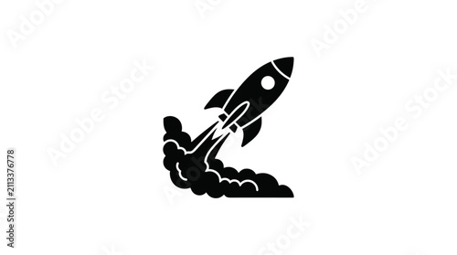 Minimalist Black Rocket Ship Icon Launching With Smoke Trail for Space Exploration Concept Design