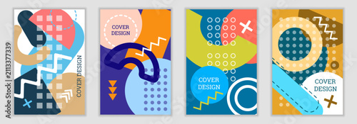 Bright background in Memphis style. Set of geometric cover designs. Fashionable bright cover, banner, poster, booklet. Bright colors. Vector