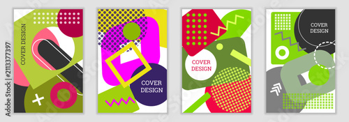 Bright background in Memphis style. Set of geometric cover designs. Fashionable bright cover, banner, poster, booklet. Bright colors. Vector