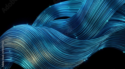 Abstract blue wavy lines with glittering sparks on a black background, symbolizing technology, data flow, and digital connection