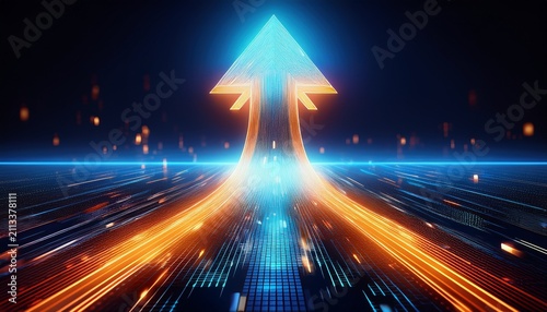 glowing blue orange pixelated digital arrow moving forward concept of digital transformation technological innovation and future business strategy
