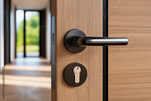 Close up of modern matte black door handle and keyhole lock on wooden door inside blurred modern interior