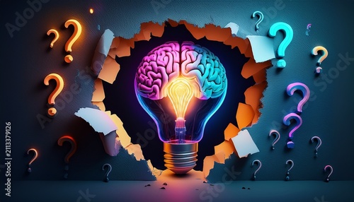 neon brain lightbulb in a ripped hole with glowing question marks concept of artificial intelligence innovation and digital marketing strategy