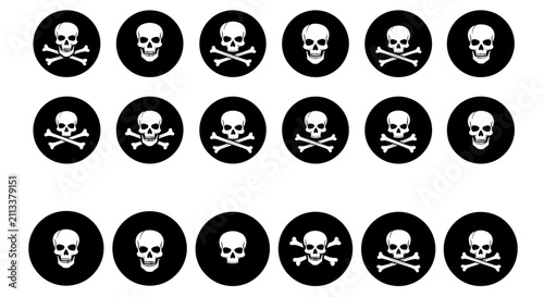 Принти на полотні Set of black circle icons featuring a white skull and crossbones symbol, represe
