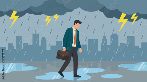 Depressed businessman walking in a rainy city street with lightning and dark clouds