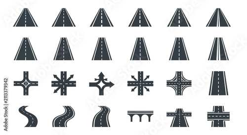 Set of road and highway icon vectors featuring intersections, roundabouts, bridges, overpasses, and curved street navigation symbols