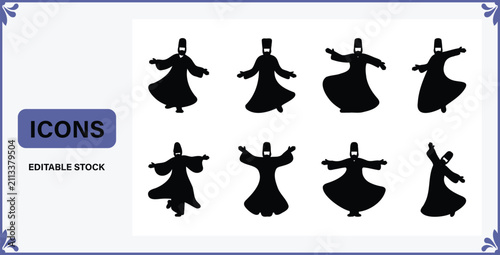 Foto Collection of Silhouette Icons Representing Whirling Dervishes in Various Dancin