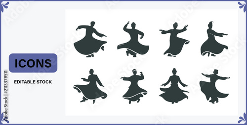 Obraz na płótnie Collection of silhouettes of men performing a whirling dervish dance in traditio