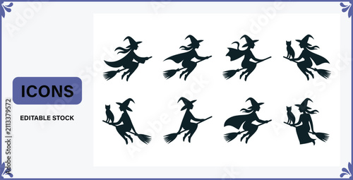 Foto Collection of silhouette icons depicting witches flying on broomsticks with thei