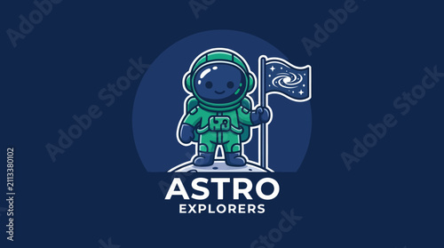 Cute astronaut character holding a galaxy flag, ready for space exploration.