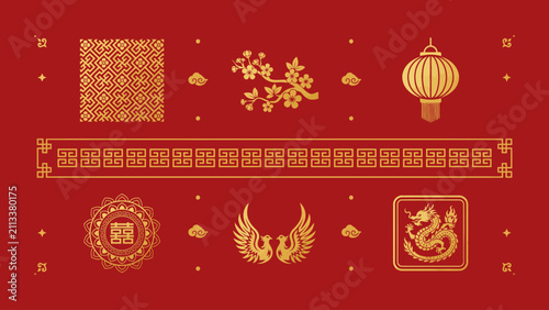 A collection of traditional chinese new year golden decorative elements including lanterns dragon patterns and ornate borders isolated on a deep red background