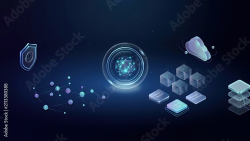 Shield icon protects the core network structure amid various digital components in a unified technological grid.