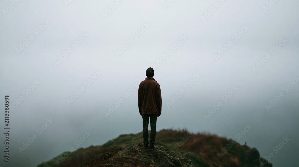Obraz premium Man standing on a cliff edge looking out into the foggy distance
