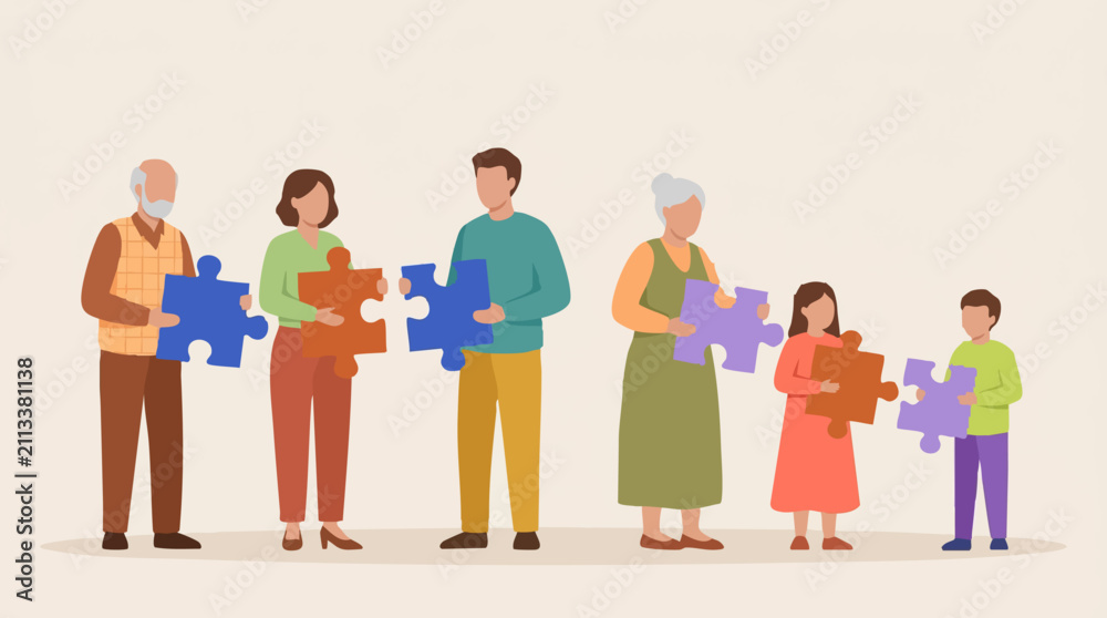 Obraz premium Multigenerational family connecting puzzle pieces, concept of unity and support