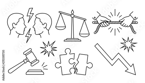 Obraz na płótnie Conflict Resolution Icons with Scales, Gavel, Puzzle, and Lightning Bolts Featur