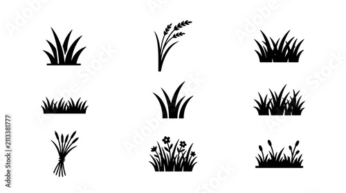Black silhouettes of various grass types.