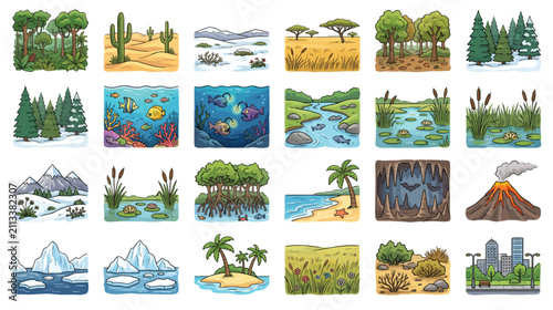 World biome and ecosystem icon set for geography class