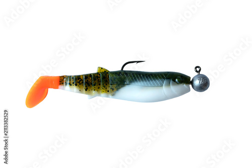 Cuadro en lienzo Fishing lure rigged soft swimbait on jig head hook, dark fish body with orange tail, ready-to-use spinning tackle for predator angling