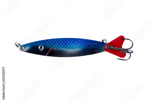 Quadro su tela Fishing lure metal spoon, blue and silver glistering hard bait with treble hook, casting spoon for predator angling tackle