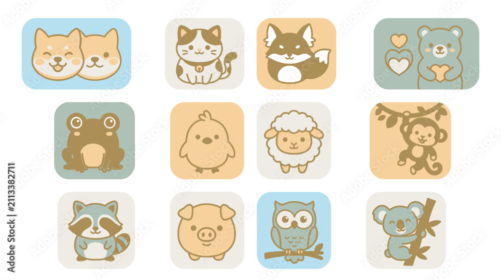 Fototapeta premium Pastel square animal face icons set