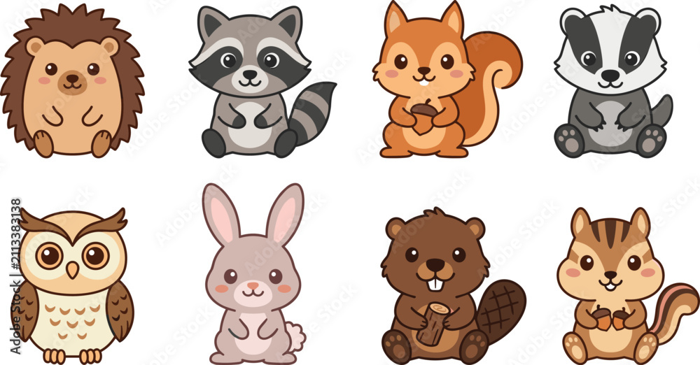 Obraz premium Cute Woodland Forest Animal Cartoon Character Collection Vector Set for Kids Design