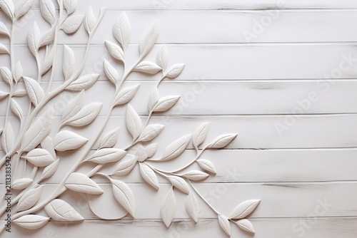 Tree branches with plaster, paper leaves on the background of an empty wall. Minimal interior, space for text, mockup. Graceful curved shapes, luxury stage design for the product.