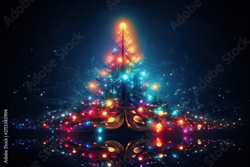 Abstract neon glowing Christmas tree on a dark background. New Year holiday card.