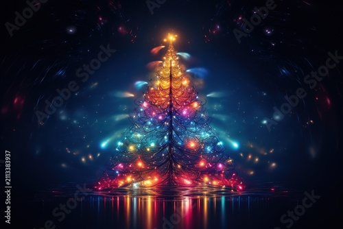 Abstract neon glowing Christmas tree on a dark background. New Year holiday card.