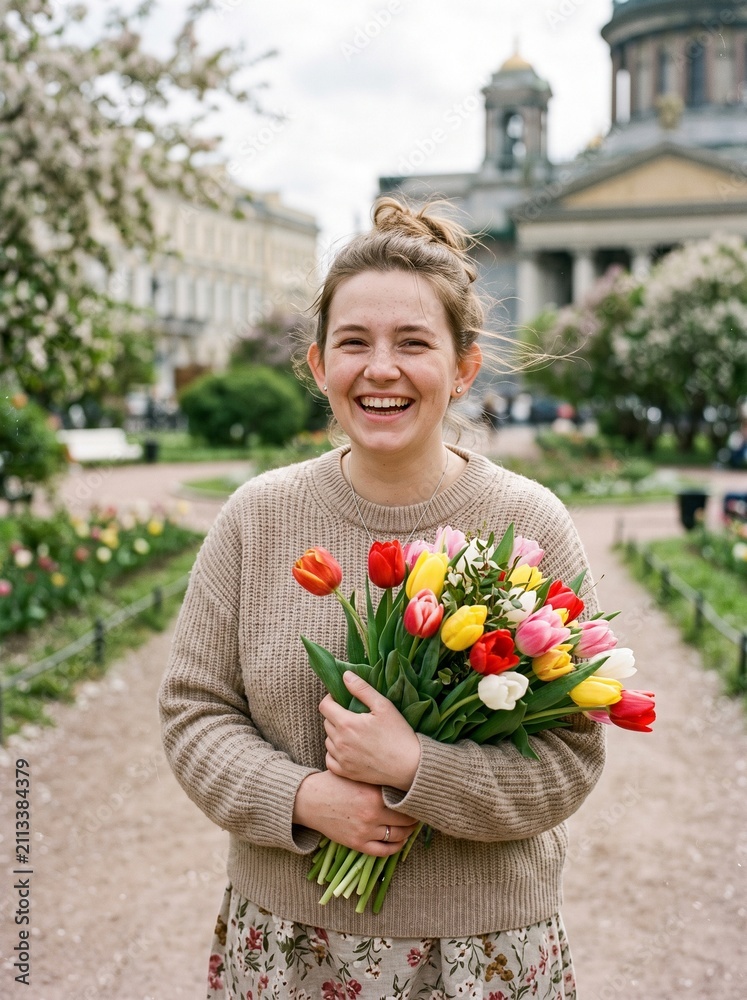 Fototapeta premium Joyful young woman laughing and holding a colorful bouquet of fresh spring tulips in a city park