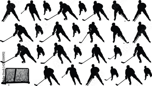Foto Option 1: Ice hockey players and goal net silhouettes mega set isolated on white background