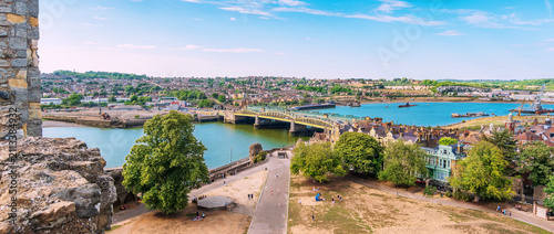 Panoramic view from Rochester Castle over River Medway and Rochester Bridge in Kent UK