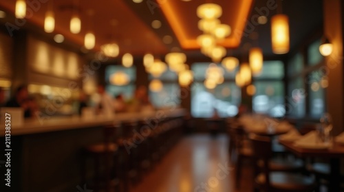 Luces con efecto Bokeh en un restaurante de moda durante el servicio de cena; fondo artístico desenfocado