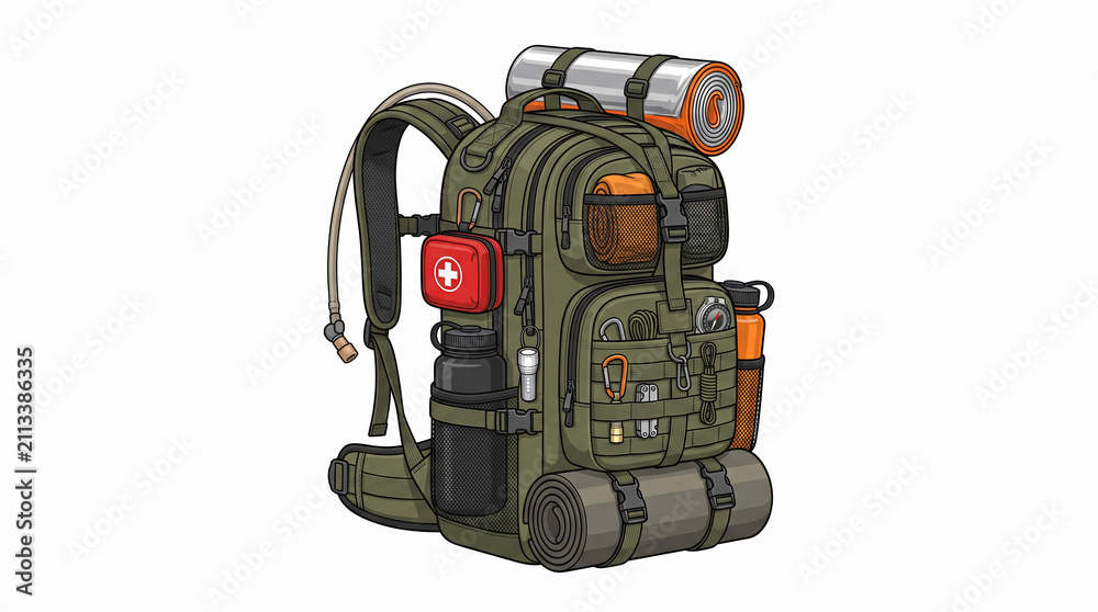 Fototapeta premium Tactical Olive Green Hiking Backpack with Survival Gear and First Aid Kit.