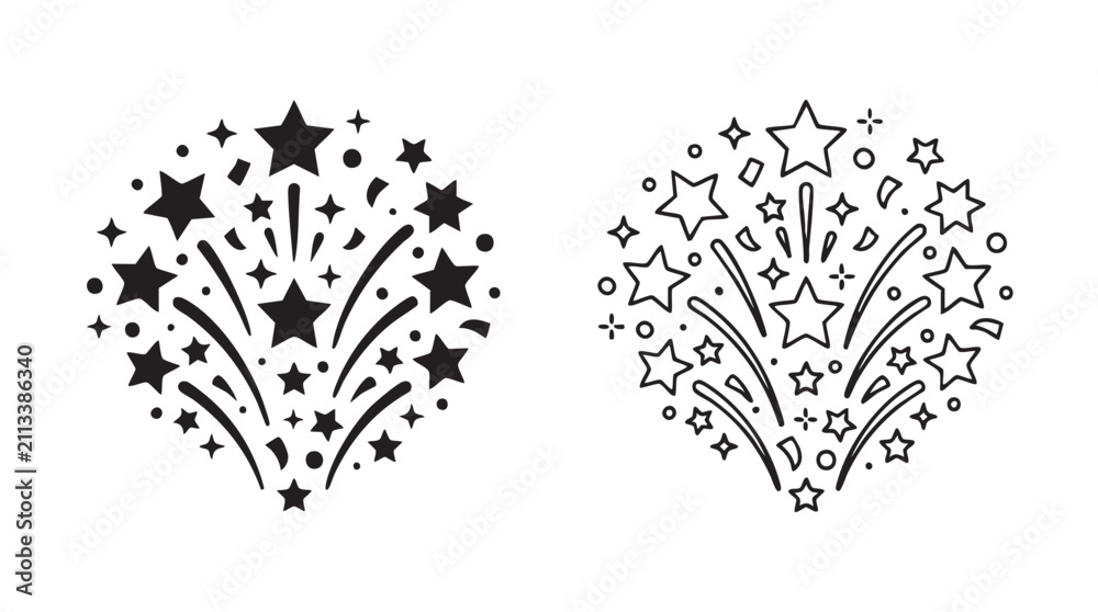 Obraz premium fireworks vector silhouette with line art pair icon featuring celebration, stars