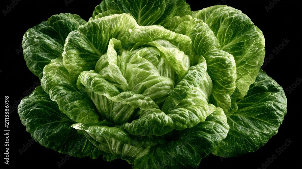 Obraz premium Fresh green cabbage with detailed leaf texture and vibrant color, isolated on black background for culinary and agricultural themes