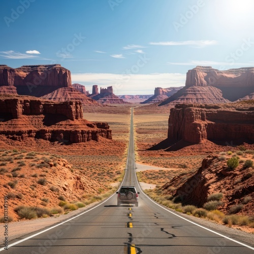 Road trip through scenic desert landscape with car driving towards horizon